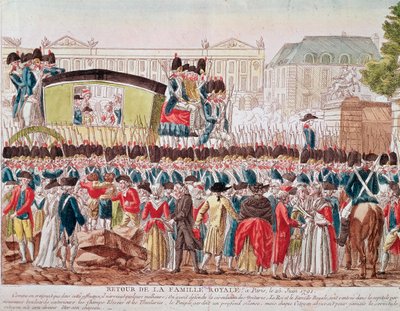 Regresso da Família Real Francesa a Paris, 25 de Junho de 1791, o grupo atravessa a Place de la Concorde (gravura) de French School