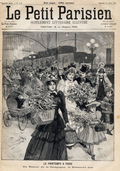 Regresso do campo num domingo à noite de Primavera: os viajantes deixam os comboios de uma estação parisiense depois de caminharem ao longo das margens de Marne ou do Sena. Primavera em Paris Um dos jornais " Le petit Parisien" em 16/04/1893 (gravura) de French School