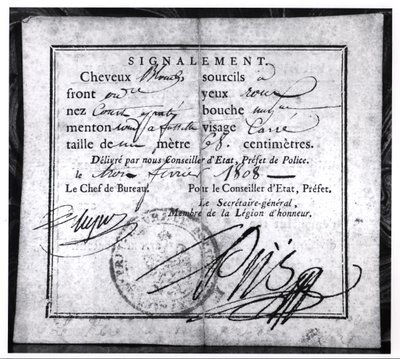 Verso de um cartão de segurança, 1808 (caneta e tinta no papel) de French School