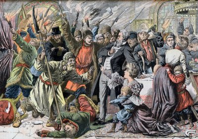 Revolução de 1905 - Revoltantes camponeses russos invadindo uma casa de campo. Jacquerie nas províncias russas. Invasão de um castelo por revoltas de camponeses russos. Ilustração para Le petit Journal, 2 de Abril de 1905. de French School