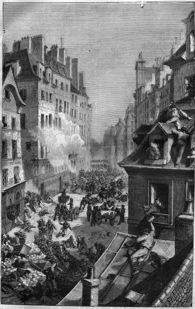 Revolução de 1830: luta no faubourg Saint Antoine. Gravura no "Histoire des Papes-Rois-Queen and Empereurs a travessa les centuries" de Maurice Lachatre de French School