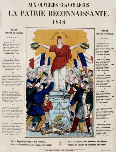 Revolução de 1848 e nascimento da segunda república: manifesto e canto intitulado "Aos trabalhadores, a grata pátria", a República é saudada pelos trabalhadores. 1848 Paris, Musee Carnavalet de French School