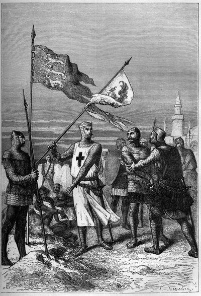 Richard Coeur de Lion ou Richard I the Lionheart (1157-1199) Rei de Inglaterra, mostrado retirando a bandeira do arquiduque Leopold V, Duque da Áustria - gravada em "L