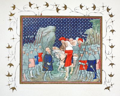 Richard II traiu em Penmaur Rhos e foi feito prisioneiro pelo duque de Northumberland, cópia fac-símile de Le Prinse et Mort du Roy Richart por Jean Creton, reimpresso do século XIX de French School