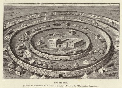 Ring des Huns. Fortificações em forma de anel que protegem um povoamento dos hunos (gravura) de French School