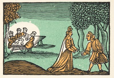 Riquet com o Tuft, de Histórias ou contos de tempos passados contada por Mãe Goose, com moral, por M Perrault, pub. 1925 (impressão em xilogravura colorida à mão) de French School