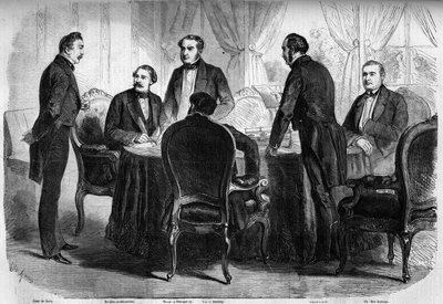 Risorgimento - Tratado de Zurique - 10 de Novembro de 1859: assinatura do Tratado de Zurique pelos plenipotenciários da França, Áustria e Sardenha. A Áustria deve abandonar a Lombardia para a Itália. Gravura no "Le Monde Illustré" n°136 de 19 de Novembro d de French School