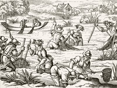 A pesca no rio, de "Ciência e Literatura na Idade Média", de Paul Lacroix (1806-84), publicou Londres 1878 (lito) de French School
