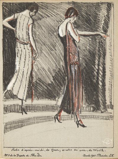 Vestido Apres Midi, de Beer, e Vestido de Noite, de Worth, a partir de uma Coleção de Quadros de Moda de French School