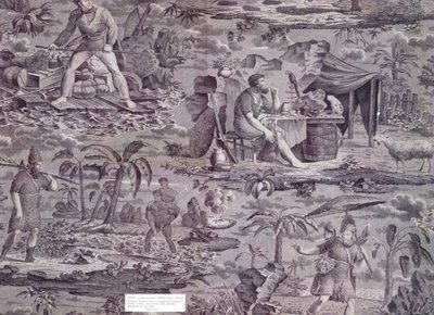 Robinson Crusoe, de um desenho de F. Pieters, c.1815-20 (algodão estampado com rolos) de French School