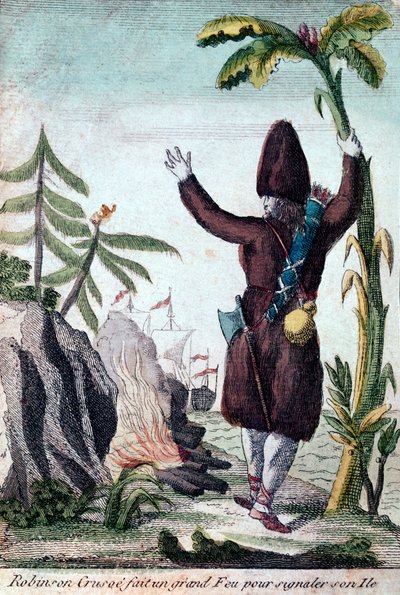 Robinson Crusoe faz um fogo para chamar a atenção para sua ilha, Imagerie Basset (gravura colorida) de French School