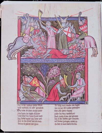 Roland toca a buzina em Roncevaux, ilustração de Le Chanson de Roland, cópia de um manuscrito original conservado em Saint-Gall na Suíça de French School