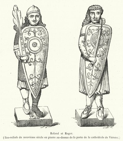 Roland e Roger, baixos-relevos de pedra do século IX acima da porta da catedral de Verona (gravura) de French School