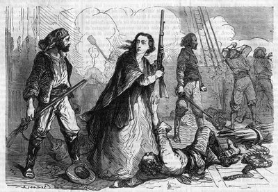 Série romana: "Memoriais de Joseph Garibaldi" de Alexandre Dumas (1802-1870). Anita Garibaldi (1821-1849), esposa de Giuseppe Garibaldi, que participa da batalha, com um rifle na mão. Gravação em "Les bons romances". de French School