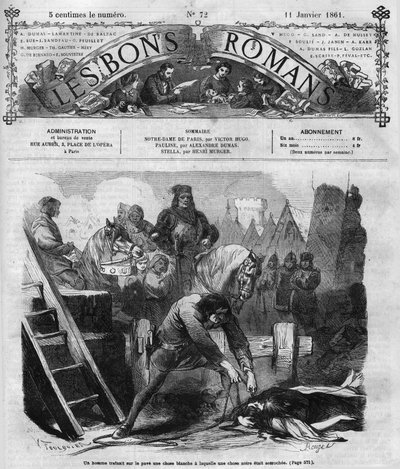 Série romana: "Notre Dame de Paris" de Victor Hugo (1802-1885). Um homem drena duas mulheres no pavê. Gravação em "Les bons romances". de French School