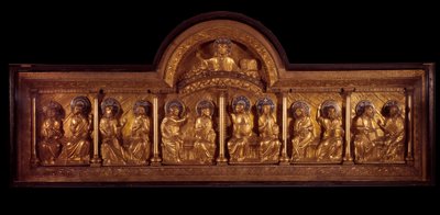 Arte românica: retábulo de Pentecote: antependium em madeira, cobre e esmalte. De Stavelot (Meuse) Por volta de 1160-1170. Paris, Museu Nacional da Idade Média, Termas de Cluny de French School