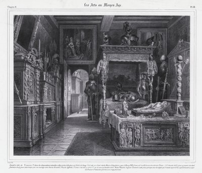 Quarto no Hotel de Cluny, Paris, onde Mary Tudor passou o seu período de luto em 1515 após a morte do seu marido, o Rei Luís XII de França (litho) de French School