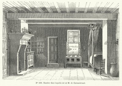 Quarto no Hotel de France em St Malo, Bretanha, no qual nasceu o escritor e político francês François-Rene de Chateaubriand (gravura) de French School
