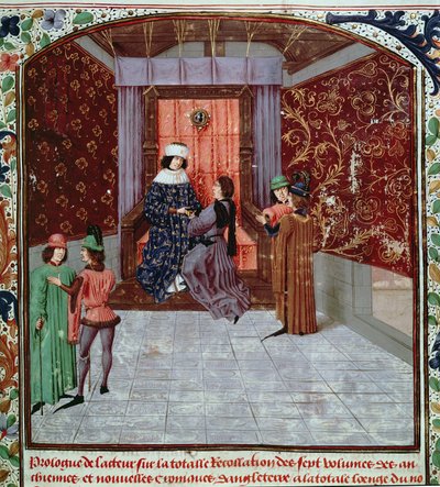 Roy 15 E IV f.14 Eduardo IV recebendo o livro do autor, de Old Chronicles of England, de Jean Batard de Wavrin, c.1470-80 (velino) de French School
