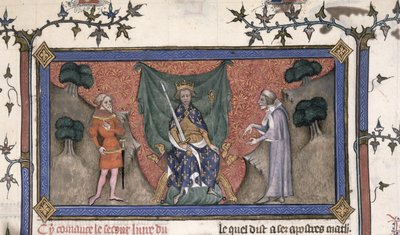 Roy 19 C IV f.154 Rei Carlos V (1337-80) da França entronizado com coroa, espada e cetro entre um cavaleiro e um escrivão de French School