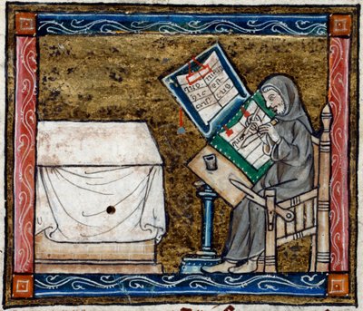 Real 14 E. III, f.6v Escriba copiando de uma cópia, ilustração de 