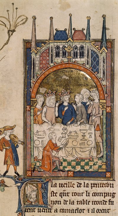 Real 14 E. III, f.89, Festa do Rei Arthur, Rei Arthur e Guinevere em banquete, com um servo ajoelhado em frente à mesa cortando pão, de 