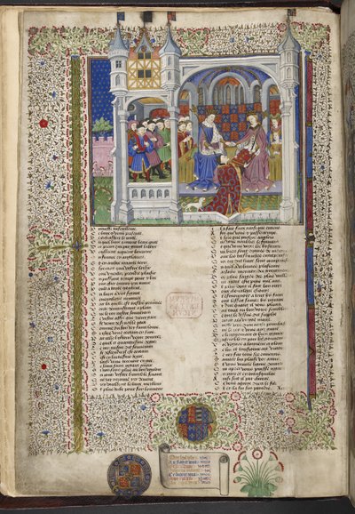 Royal 15 E. VI, f.2v Margaret de Anjou, sentada com o seu marido Rei Henrique VI, ilustração de "Shrewsbury Talbot Book of Romances", c.1445 (tinta, cor e ouro sobre velo) de French School