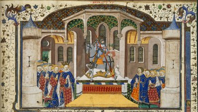Royal 15 E. VI, f.439 Rei Henrique VI e cavaleiros agrupados em torno de um altar, que é superado por São Jorge e pelo dragão, do 