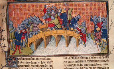 Royal 20 C. VII, fol.137 Batalha em Bridge over Seine durante a Guerra dos Cem Anos, de 