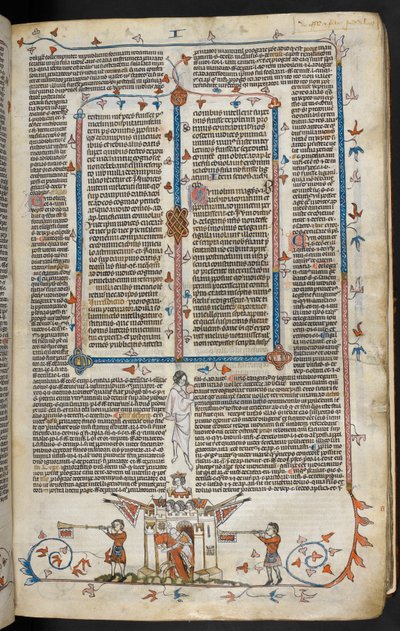 Royal MS 10 E IV f.66r, cena bas-de-página de um cavaleiro montado a sair de um castelo, c.1300-40 (caneta & tinta e tempera sobre pergaminho) de French School