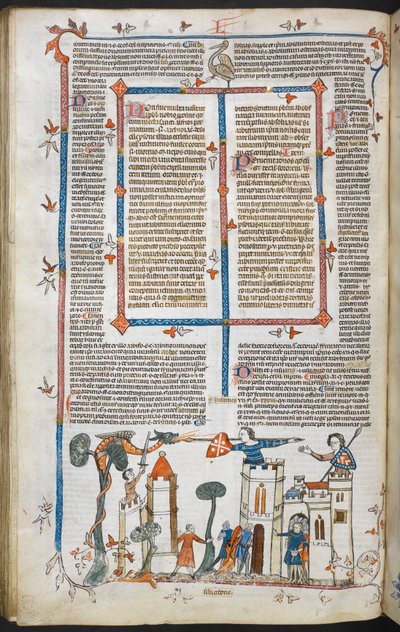 Royal MS 10 E IV f.88v, uma cena em baixo-de-página de um dragão atacando um castelo, c.1300-40 (caneta e tinta e têmpera em pergaminho) de French School