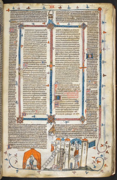 Royal MS 10 iv f.202r Atacando um Castelo Fortificado e Decoração Marginal, ilustração de 