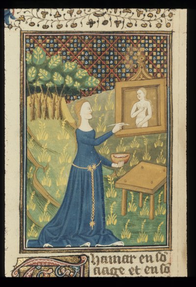 Royal MS 16 G V f.068v Página de De claris mulieribus numa tradução francesa anónima (Le livre de femmes nobles et renomées) de Giovanni Boccaccio, c.1440 (cor & ouro sobre velo) de French School