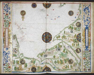 Royal MS 20 E IX f.11v a f.12r Carta das costas da Ásia e África do Cabo Comorin ao Cabo Delgado, incluindo o Golfo Pérsico e o Mar Vermelho, do 