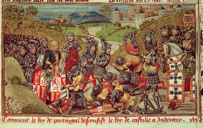 Real Ms 14 E IV f.204: Juan I de Avis vencendo Juan I de Castela na Batalha de Aljubarrota, Portugal de French School