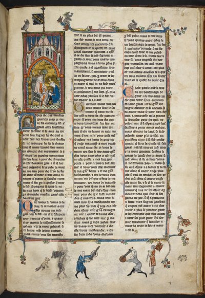 Royal Ms 14 e III f.140r Henry II de Inglaterra com escriba, ilustração de "Estoire del Saint Graal, La Queste del Saint Graal, Morte Artu", c.1315-25 (vellum) de French School
