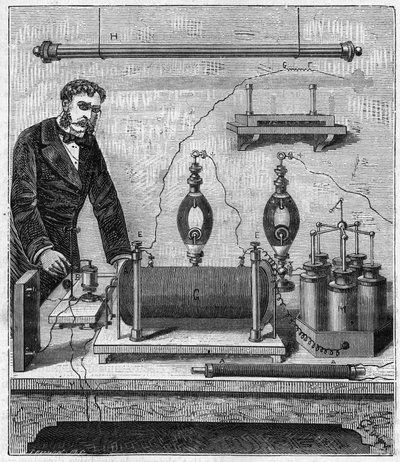 Ruhmkorff indutor - A bobina de indução de Ruhmkorff (Heinrich Daniel Ruhmkorff) - Gravura em "Ciências disponibilizadas a todos - física e química" por Alexis Clerc - Final do século XIX - Colecção privada de French School