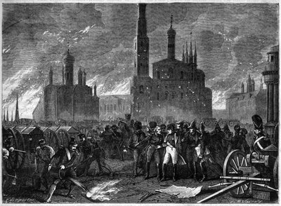 Campanha Rússia 1812 - General Jean Ambroise Baston de Lariboisiere insta Napoleão a deixar o Kremlin por causa de um perigo de explosão - incêndio em Moscou em 1812 - General Lariboisiere força Napoleão a deixar o Kremlin, ameaçando uma explosão formidáve de French School