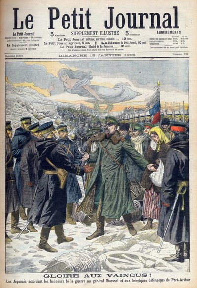 Guerra russo-japonesa de 1904-1905: Japoneses permitem a rendição honrosa do General Stoessel e dos defensores russos de Port Arthur. De Le petit Journal, Paris de French School