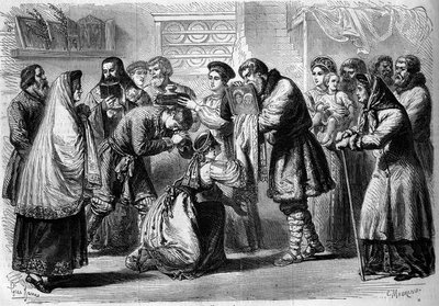 Costume russo - Casamento - 1860: cerimónia de pré-casamento. Padrinho e madrinha abençoam futuros casamentos. O padrinho apresenta-lhes a imagem de Cristo ou da Virgem, símbolo da consagração religiosa. A madrinha segura o pão e o sal acima da cabeça de de French School