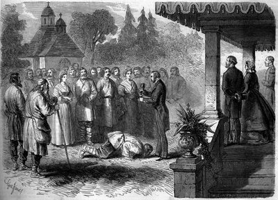 Costume russo: cerimónia de emancipação de um servo. Como sinal de submissão, o servo libertado beija os pés do seu senhor, que se derramou num copo de aguardente de batata. Gravura em "Le Monde Illustré" n°206 de 23 de Março de 1861. de French School