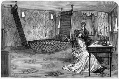 Comboio imperial russo usado pelo Duque e Duquesa de Edimburgo em 1874: o vagão de quarto. Gravura em "Le Monde Illustré" n°886 de 6 de Abril de 1874. de French School