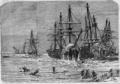 Navios russos apanhados no gelo, na foz do rio Dnieper, no Mar Negro de French School