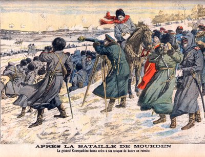 Guerra Russo-Japonesa - Após a Batalha de Mukden O comandante russo, General Kuropatkin, ordenando a retirada do seu exército. Guerra Russo-Japonesa (1904-1905) - Após a Batalha de Mukden. O General Kuropatkin ordena a retirada de suas tropas. Ilustração p de French School