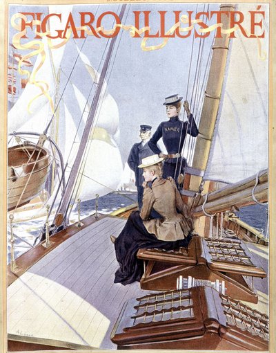 Vela: mulheres no convés de um barco - desenho em "Figaro ilustrado" de 1891, Arts Deco. de French School