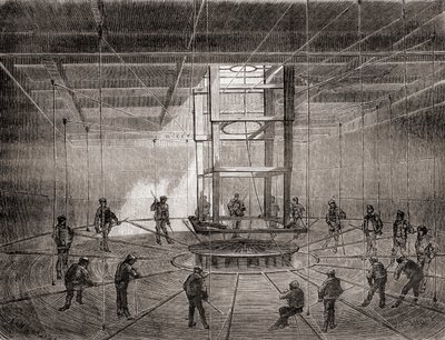 Marinheiros e trabalhadores enrolando o cabo telegráfico transatlântico nos tanques de porão do S.S. Great Eastern de French School