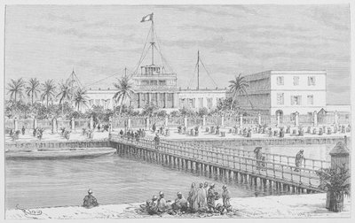 Saint-Louis, vista de N "Dar, Pont de Guet, ilustração de" Le Senegal ... "de Louis Leon Faidherbe, 1889 de French School