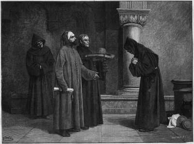 São Boaventura (Giovanni di Fidanza, conhecido como Doutor Seraphique, San Bonaventura) (1221-1274) recebendo o chapéu do cardeal. Ele foi consagrado Cardeal-Eveque de Albano em 1273 por Gregoire X em 1273. Gravura de Bauchart da pintura de Santar. de French School