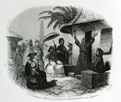 São François Xavier pregando o cristianismo no Japão. Gravura para Ilustrador História e Descrição do Japão por Pere de Charlevoix, A.Mame et Compagnie editeurs, Tours de French School