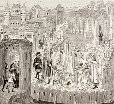 São Gaugericus, Bispo de Cambrai, chegando à cidade para sua nomeação, de "A vida militar e religiosa na Idade Média" por Paul Lacroix, publicou Londres c.1880 de French School